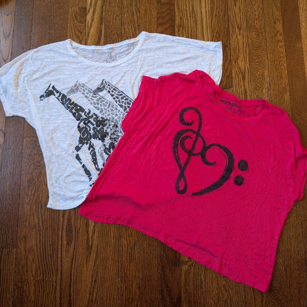 Lot 2 Y2K Graphic Tissue Tees dELiA*s White Giraffe Workshop Pink Music Heart M
